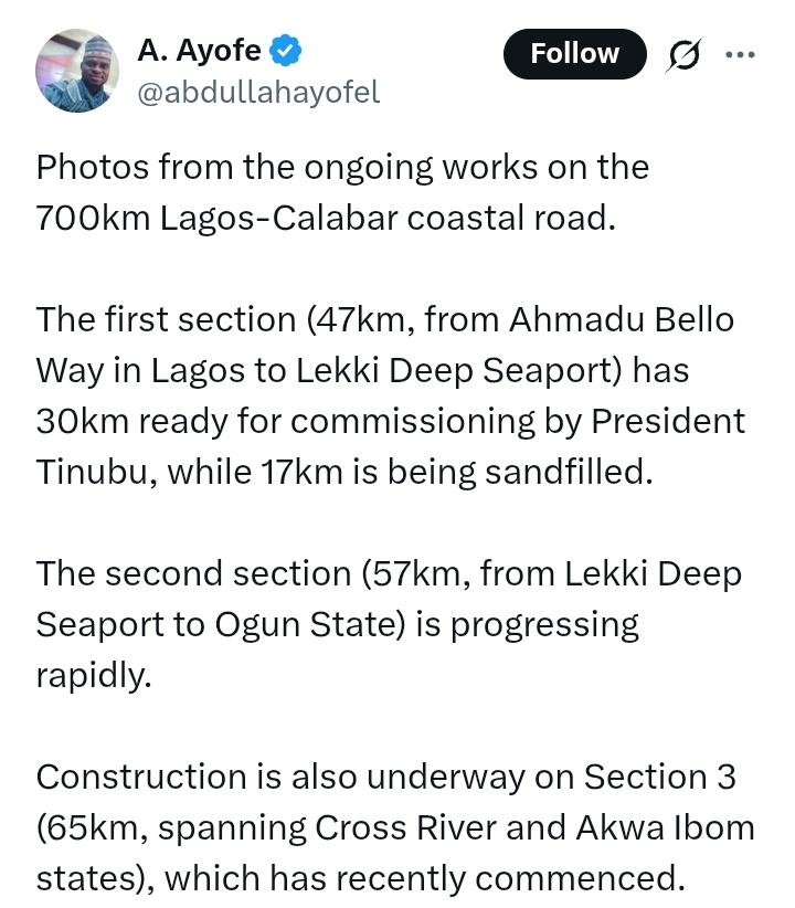 Lagos-Calabar Coastal Highway: 'Compares in relevance to what we are seeing In Asia infrastructure wise' - Presidency in Convo with X User
