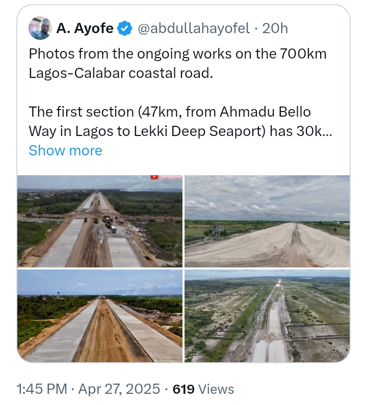 Lagos-Calabar Coastal Highway: 'Compares in relevance to what we are seeing In Asia infrastructure wise' - Presidency in Convo with X User