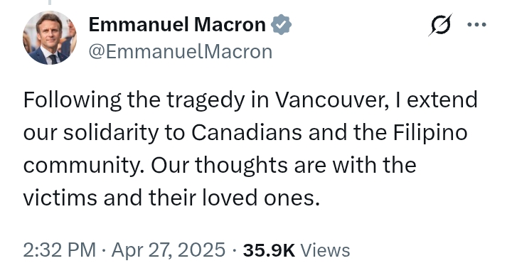 Vancouver Tragedy: President Macron extends solidarity to Canadians after nine die in Filipino Festival