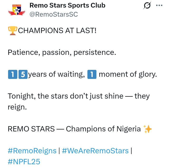 NPFL 2024/25: Remo Stars 1-0 Niger Tornadoes - After 15 years, Sky Blue Stars are Champions of Nigeria