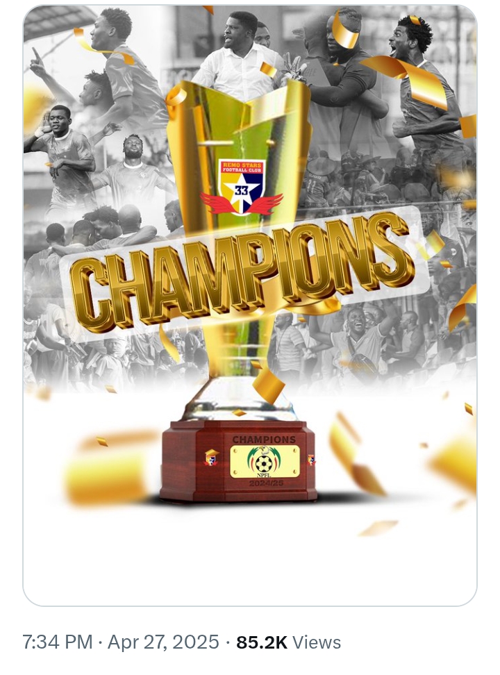 NPFL 2024/25: Remo Stars 1-0 Niger Tornadoes - After 15 years, Sky Blue Stars are Champions of Nigeria