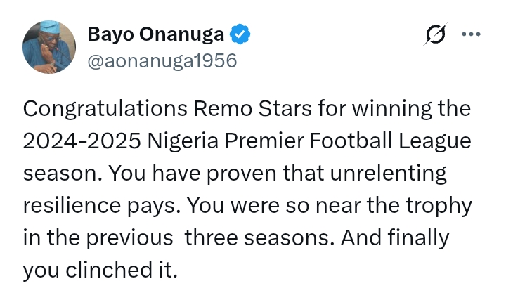 NPFL 2024/25: Remo Stars 1-0 Niger Tornadoes - Presidency congratulates Sky Blue Stars on becoming Champions of Nigeria