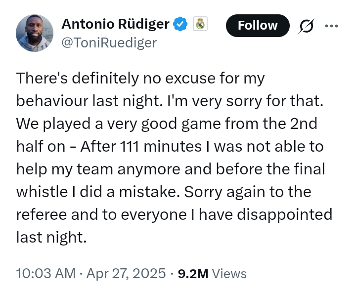 Copa Del Rey 2024/25: Barcelona 3-2 Real Madrid - Rudiger apologizes for throwing object at referee in final