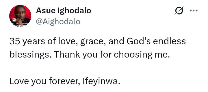 Asue & Ifeyinwa Ighodalo At 35: 'Thank you for choosing me. Love you forever'