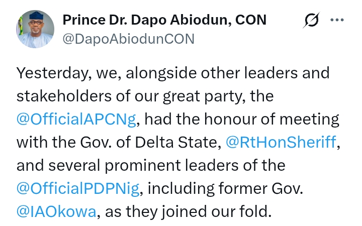 Oborevwori Dumps PDP Joins APC: Photos - Governor Abiodun meets with Delta State Governor, Okowa