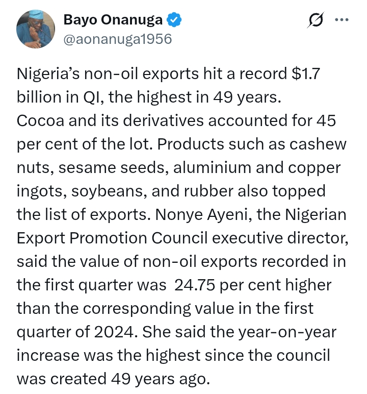 Nigeria's Economy: 'Nigeria’s non-oil exports hit a record $1.7 billion in QI' - Presidency