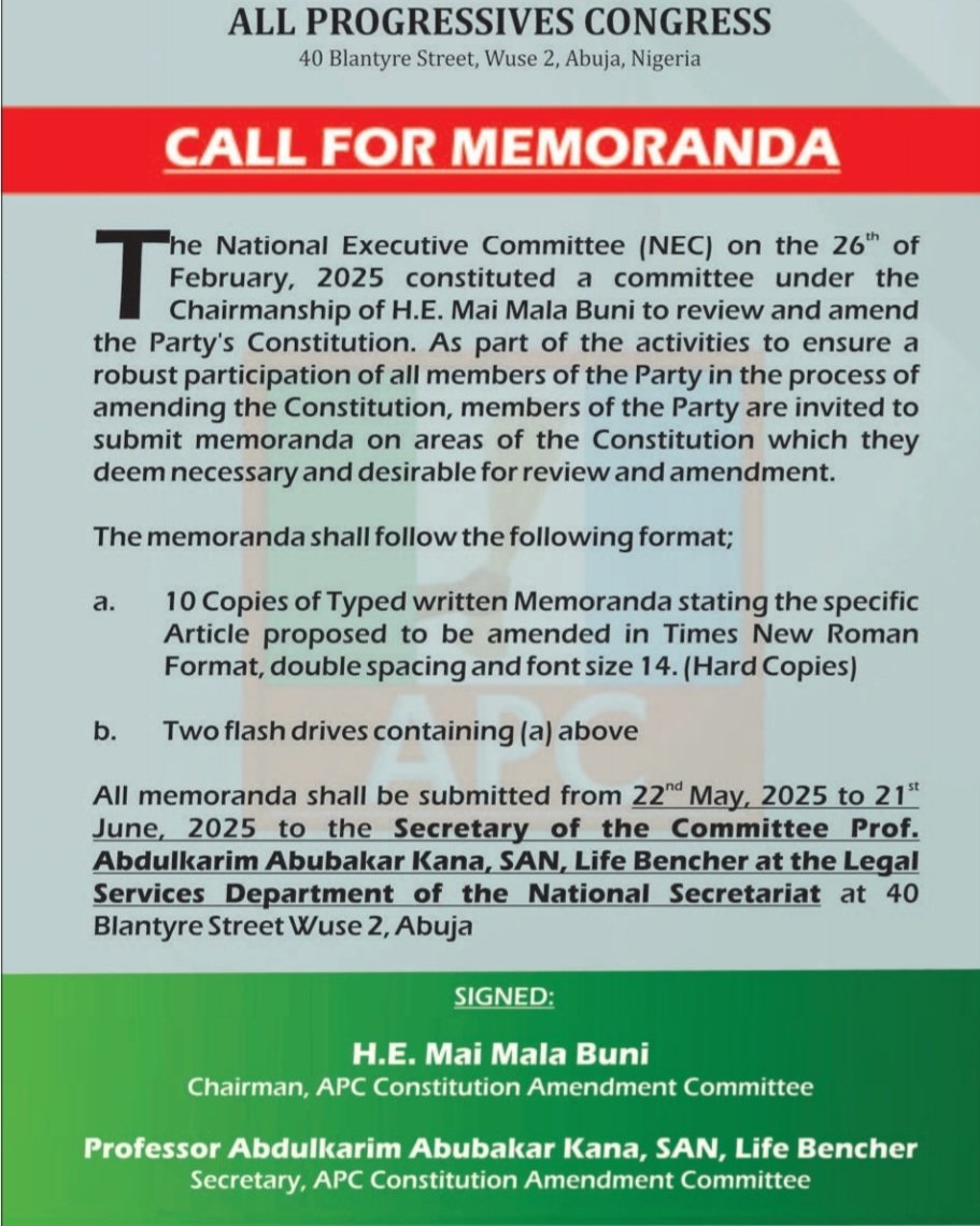 Call for memoranda to amend APC constitution