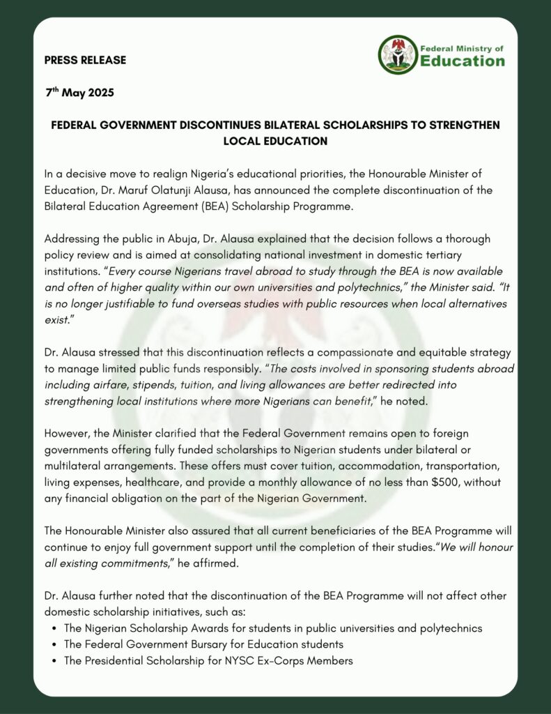 FG discontinues bilateral scholarship to strengthen local education