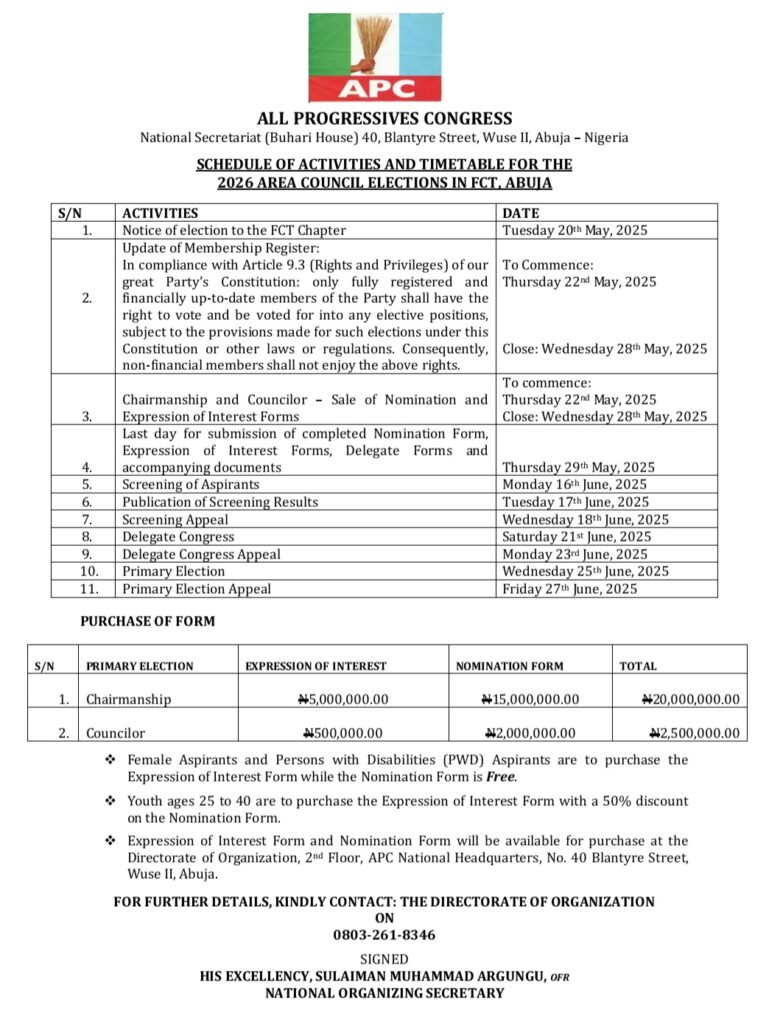 APC releases timetable and schedule of activities for the 2026 Area Council Elections in the FCT, Abuja