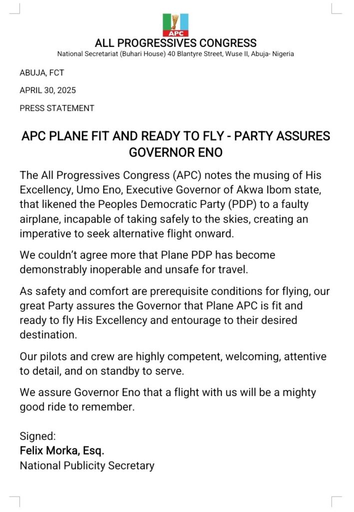 'PDP plane inoperable but APC plane fit and ready to fly' - 'Broom' Party assures Governor Eno