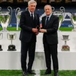 Real Madrid: Perez and Ancelotti pose with the Italian Coach’s 15 titles