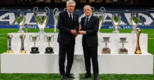Real Madrid: Perez and Ancelotti pose with the Italian Coach's 15 titles