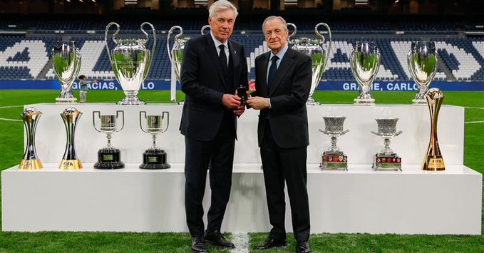Real Madrid: Perez and Ancelotti pose with the Italian Coach’s 15 titles