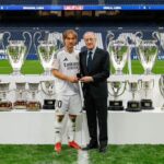 Real Madrid: Perez and Modric pose with the LosBlancos Captain’s 28 titles