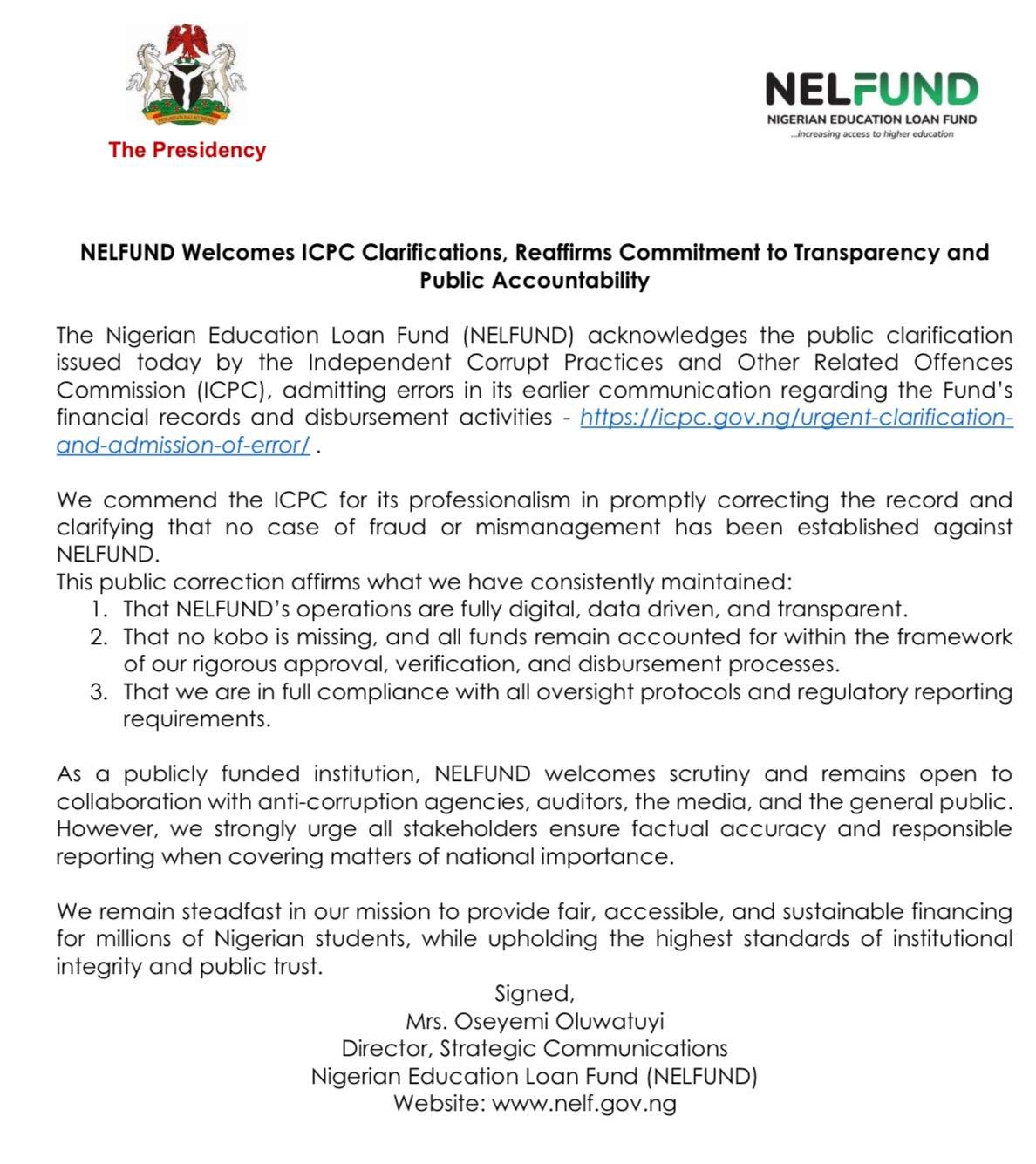NELFUND: 'NELFUND welcomes ICPC clarifications, reaffirms commitment to transparency and public accountability'
