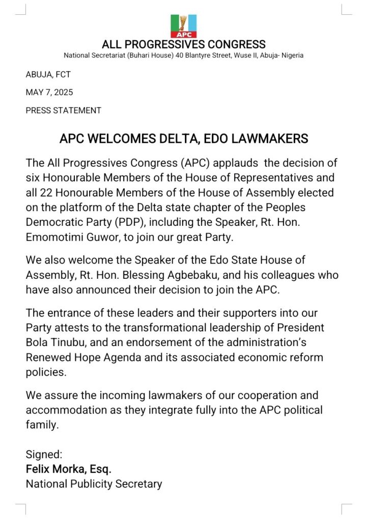 Press Statement - APC welcome decampee lawmakers from Delta and Edo States