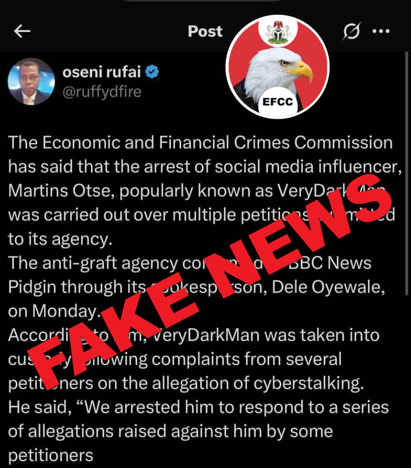 EFCC reacts to 'fake news' on arrest of VeryDarkMan