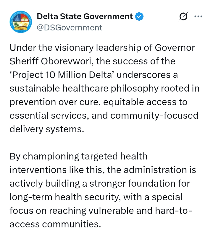Delta State: 'Sustainable healthcare - Impact of Governor Oborevwori's 'Project 10 Million Delta'