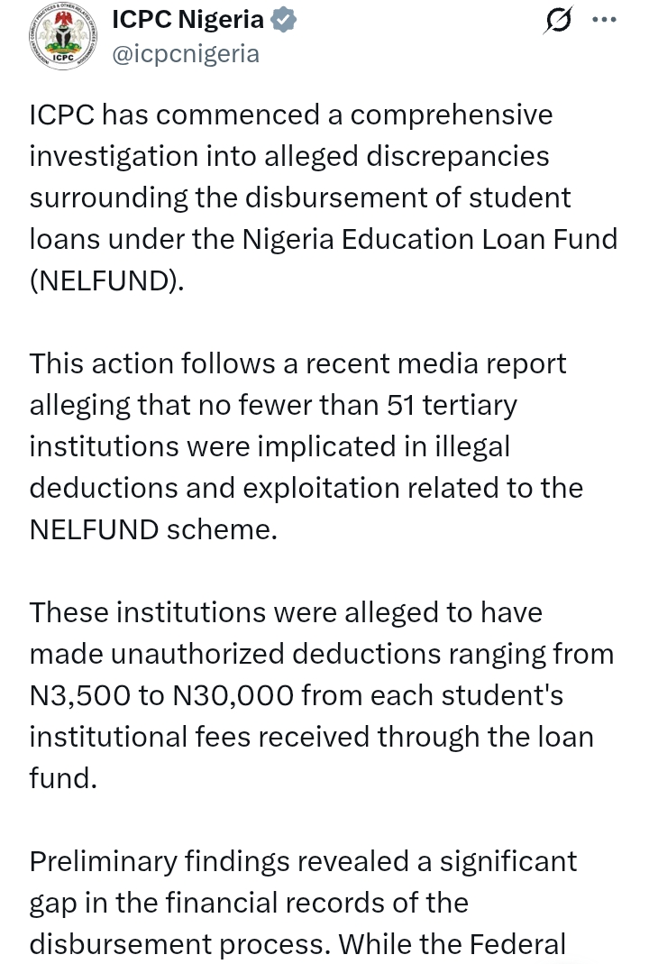 NELFUND: ICPC clarifies no fraud or mismanagement has been found in NELFUND