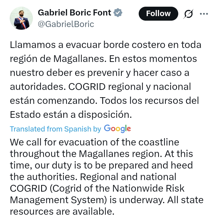 Chile issues tsunami warning following earthquake