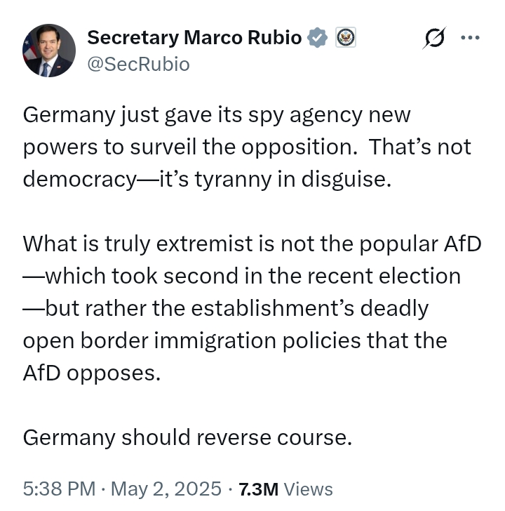 'This is democracy' - Germany replies Marco Rubio after the US Sec of State says, 'Germany's democracy is tyr*nny in disguise'