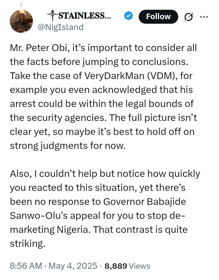 'The arrest of VeryDarkMan resembled an abd*ction due to lack of transparency and civility' - Peter Obi