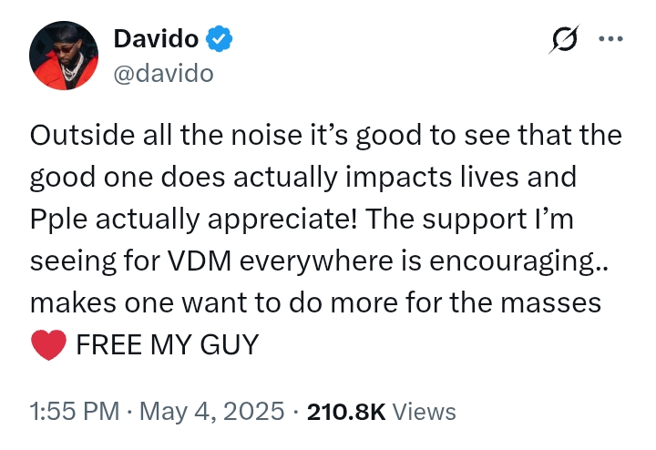 'Free my guy' - Davido calls for release of VeryDarkMan