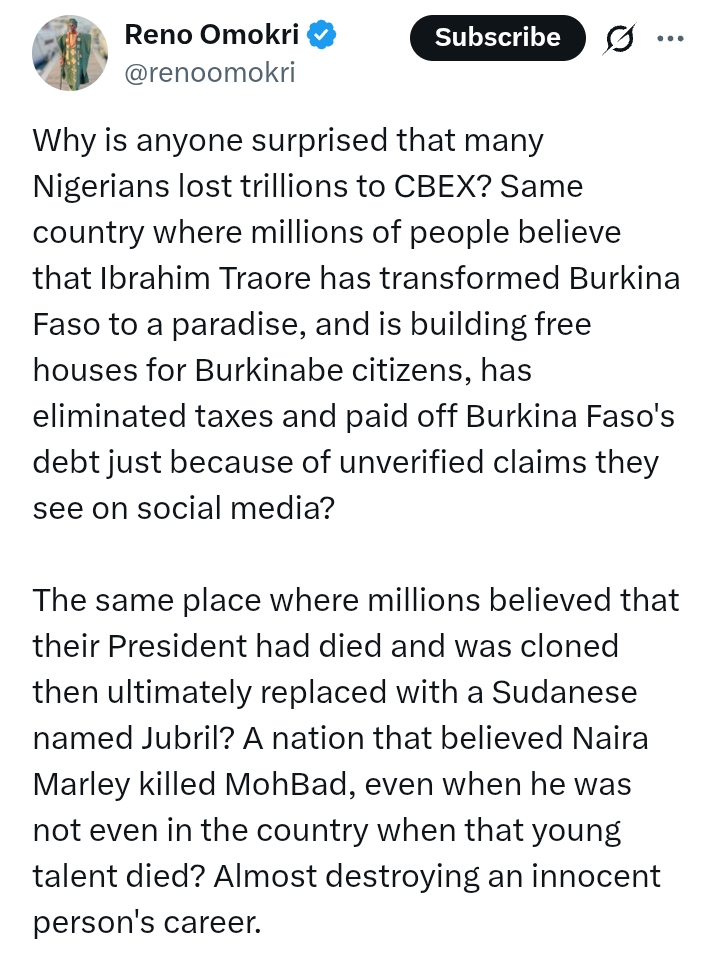 'Even if CBEX and MMM rebrand and return to Nigeria, many Nigerians will still invest in Ponzi schemes' - Reno Omokri