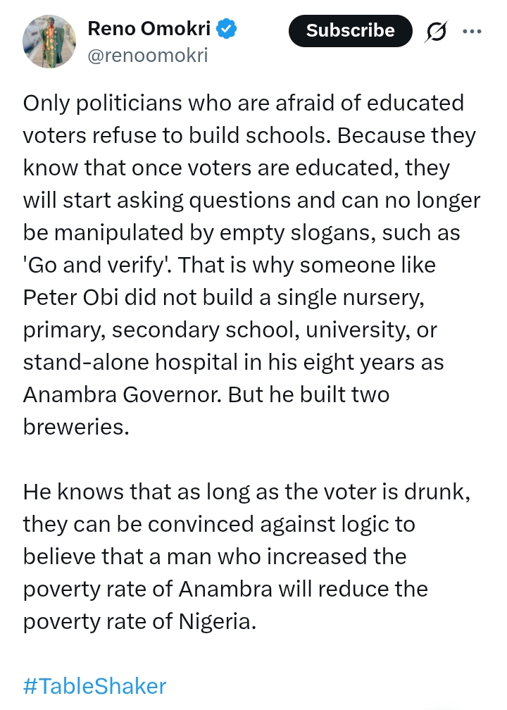 'Go and Verify' - Peter Obi did not build any school in Anambra 'because he is afraid, once voters are educated, they will start asking questions' - Reno Omokri