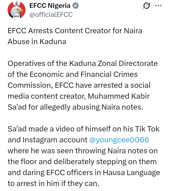 Kaduna State: EFCC arrests content creator for Naira abuse