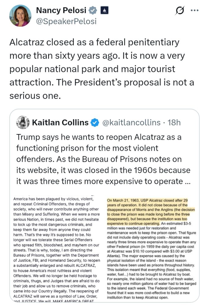United States: 'President Trump's proposal of reopening Alcatraz Prison is not a serious one' - Pelosi