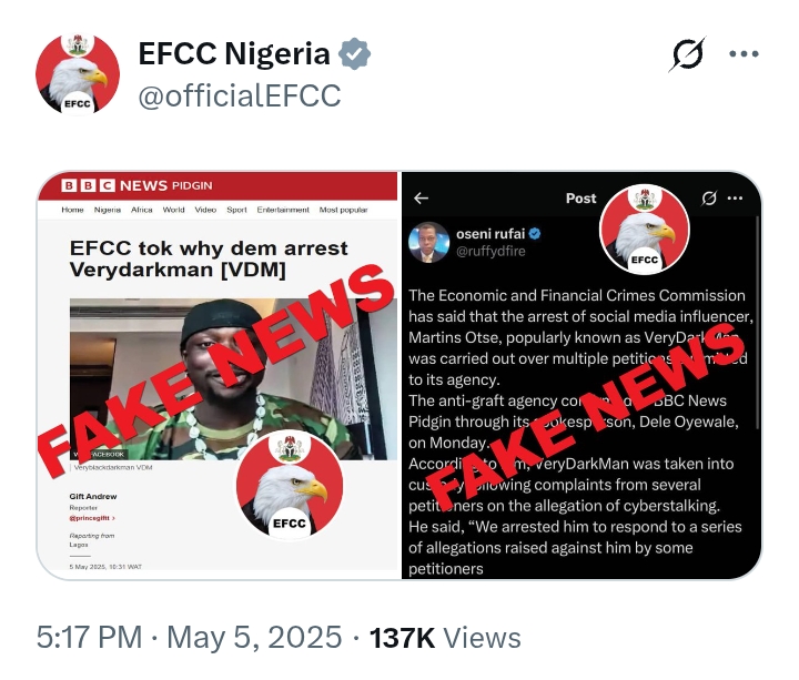 EFCC reacts to 'fake news' on arrest of VeryDarkMan