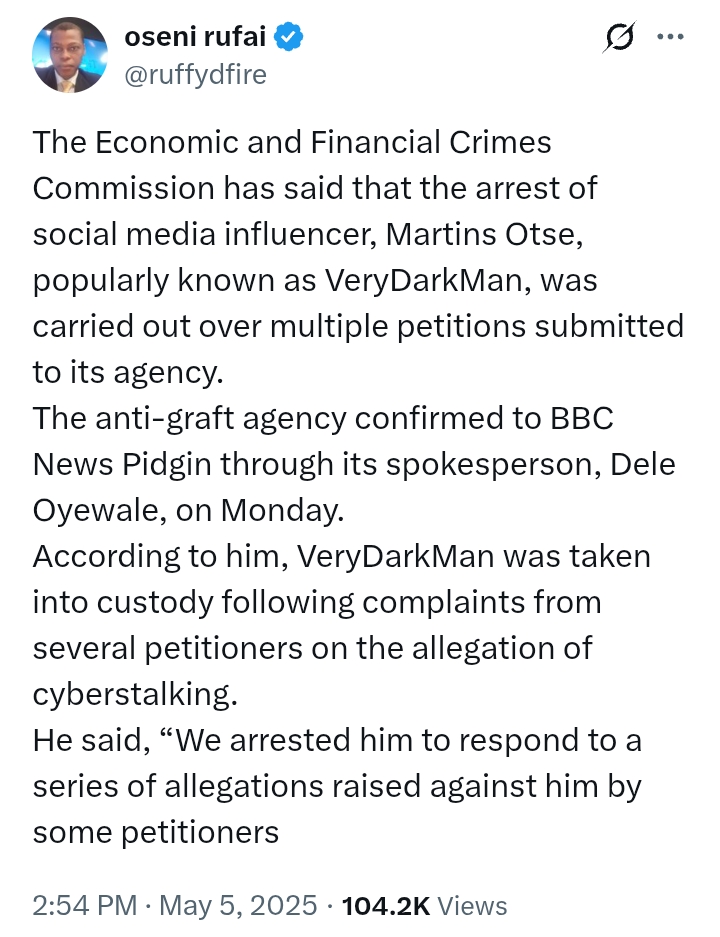 EFCC reacts to 'fake news' on arrest of VeryDarkMan