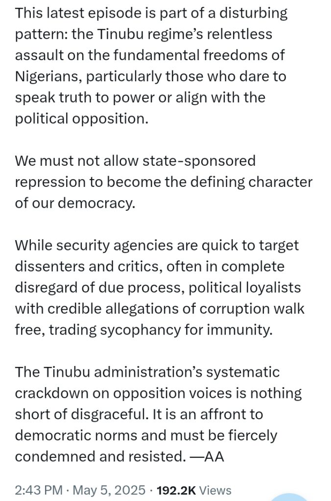 'Arrest and continued detention of VeryDarkMan yet another blatant abuse of power' - Atiku