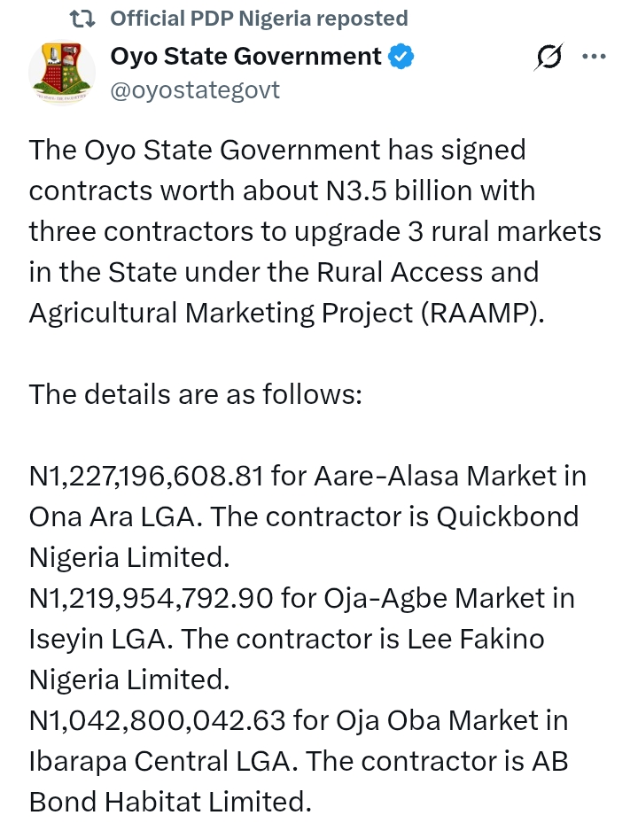 Oyo State: Govt sign contracts worth ₦3.5bn to upgrade 3 rural markets under RAAMP