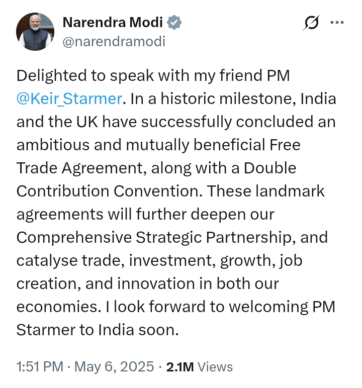 UK-India: Starmer and Modi conclude 'mutually beneficial Free Trade Agreement, Double Contribution Convention'