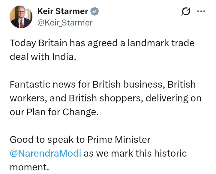 UK-India: Starmer and Modi conclude 'mutually beneficial Free Trade Agreement, Double Contribution Convention'