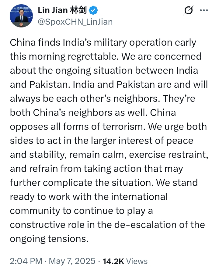India V Pakistan: China ready to play 'constructive role' in de-escalation of ongoing tensions