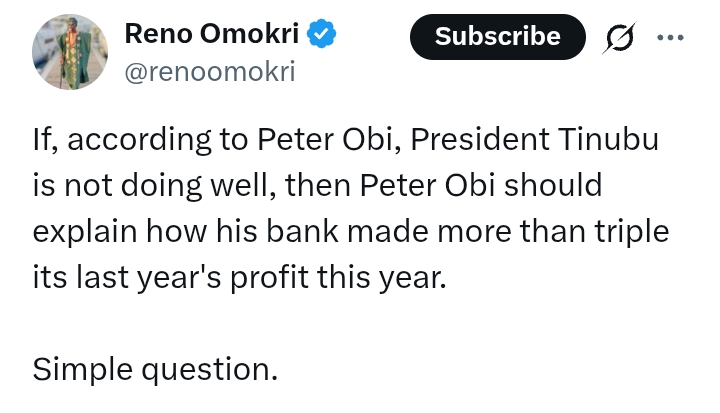 Reno Omokri asks Peter Obi 'simple question' after former Governor says, 'Tinubu has not achieved anything'