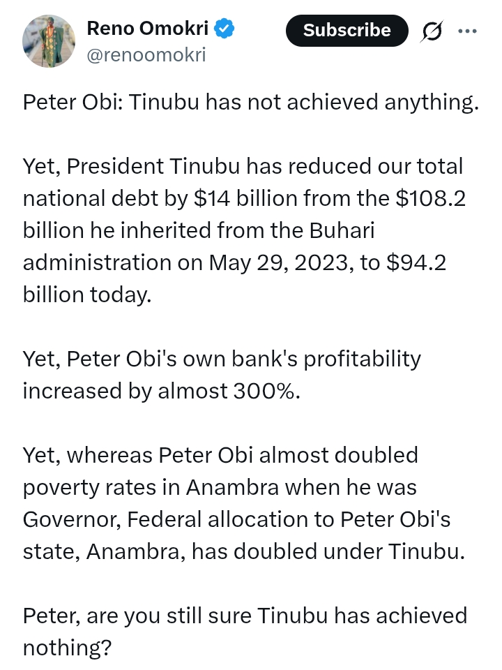 Reno Omokri asks Peter Obi 'simple question' after former Governor says, 'Tinubu has not achieved anything'