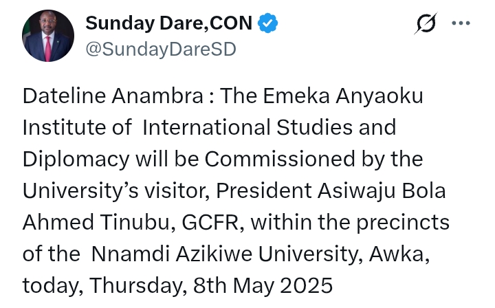 Anambra State: President Tinubu to commission Emeka Anyaoku Institute of International Studies and Diplomacy
