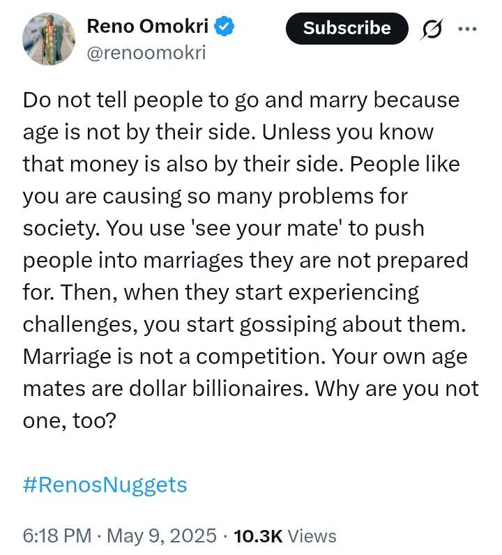 'Do not tell people to go and marry because age is not by their side' - Reno Omokri
