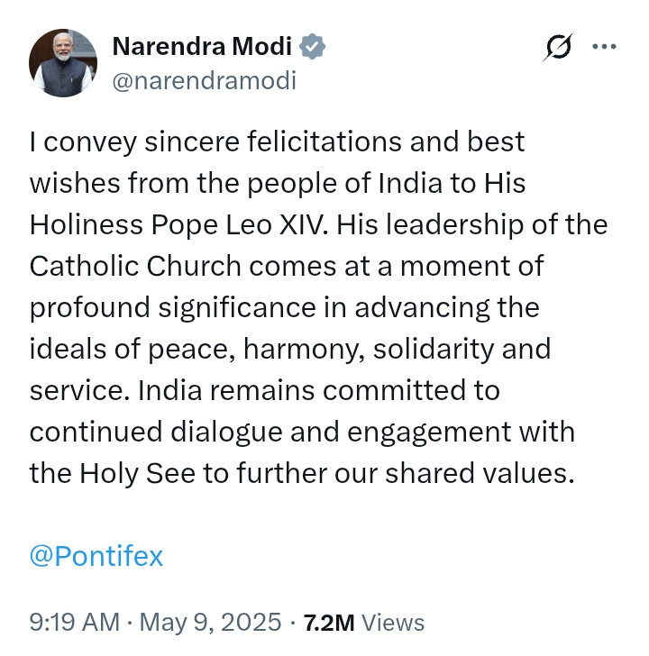 Election Of Pope: 'His leadership of the Catholic Church comes at a moment of profound significance in advancing the ideals of peace' - PM Modi congratulates Pope Leo XIV