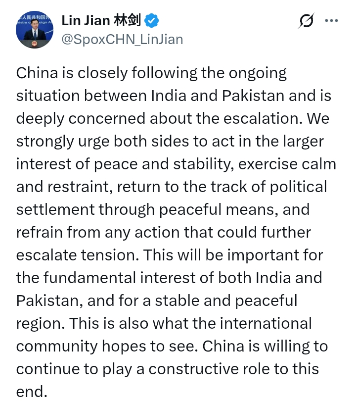 India V Pakistan: China urge both sides to 'act in the larger interest of peace and stability'