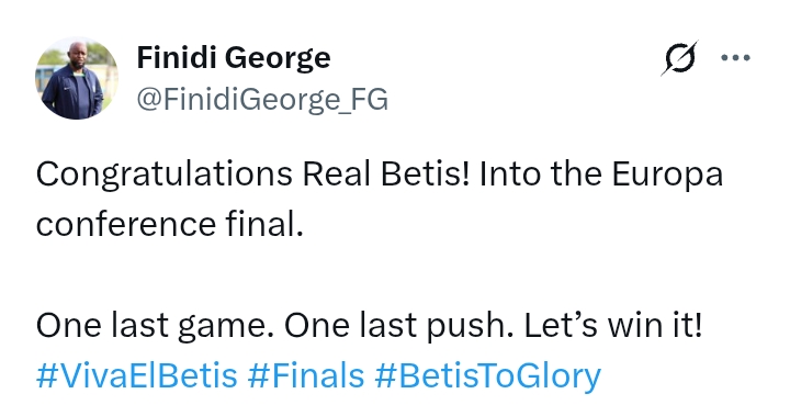 Uefa Europa Conference League 2024/25: Finidi George congratulates Real Betis after reaching final