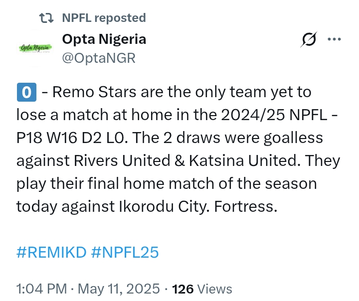 NPFL 2024/25: 'Remo Stars are the only team yet to lose a match at home'
