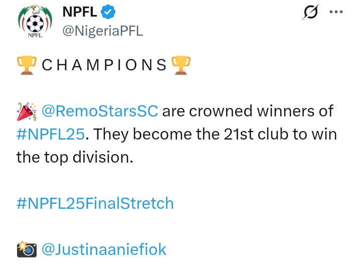 NPFL 2024/25: Remo Stars 4-1 Ikorodu City - Sky Blue Stars crowned Champions of Nigeria
