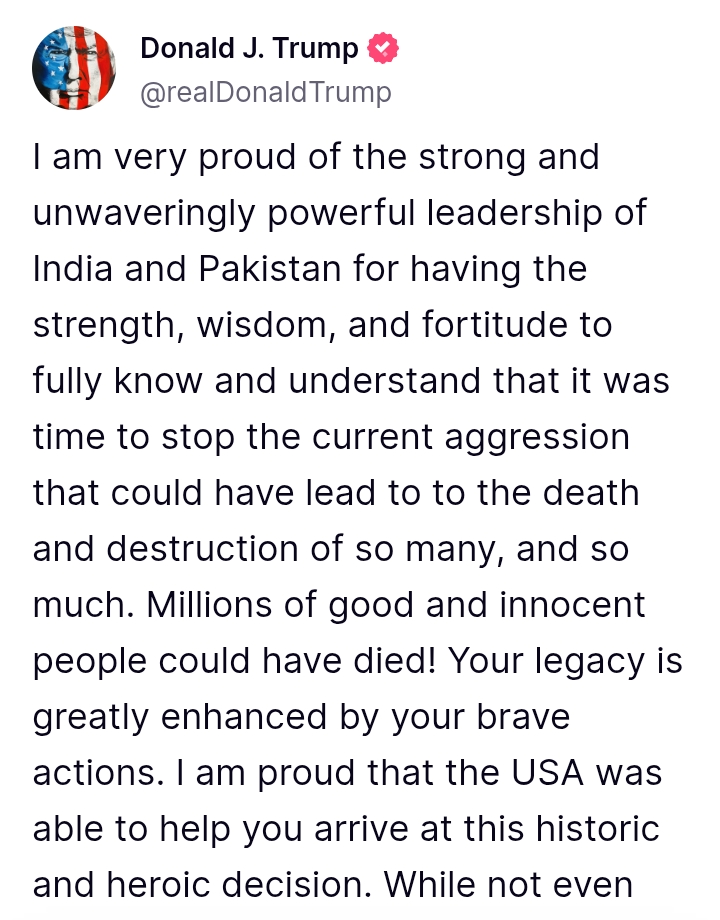 India V Pakistan: Trump hail both sides for agreeing to 'full and immediate' ceasefire, says, 'millions of good and innocent people could have died!'