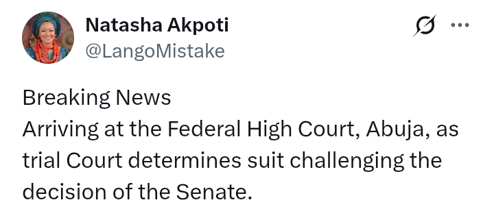 Akpabio V Natasha: Senator Natasha arrived FHC, Abuja to challenge decision of the Senate