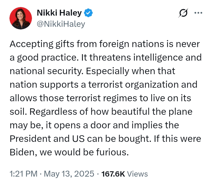 'Accepting gifts from foreign nations threatens intelligence and national security' - Nikki Haley reacts to Trump accepting Qatar's jumbo jet gift